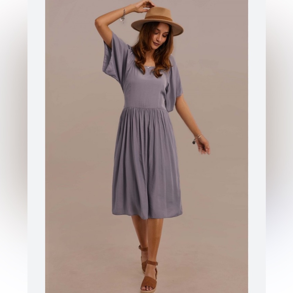 Petallush Half Sleeve Square Neck Tie Waist Summer Midi Dress With Pocket - Picture 3 of 13